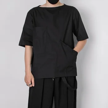 Мъжки Къса тениска, Проста черна Модна Тенденция, Лятна Индивидуалност, Нередовен дизайн на Джоба, Тениска Със Свободен Ръкав