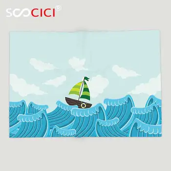Произведено по поръчка на мека флисовое пледное одеяло Океанская плаване с лодка на морската живот с вълните и облак в небето Илюстрация Baby Blue Sky