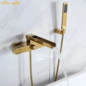 двойна дръжка златна смесител за вана водопад златен смесител за вана водопад златна вана и душ студен и горещ смесител за вана MJ5212