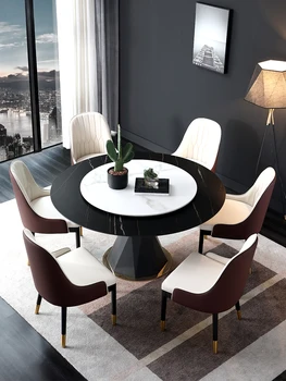Италиански лесен луксозна кръгла маса на каменна плоча и комбинация от стола прост, модерен малък семеен ресторант със завъртане на масата