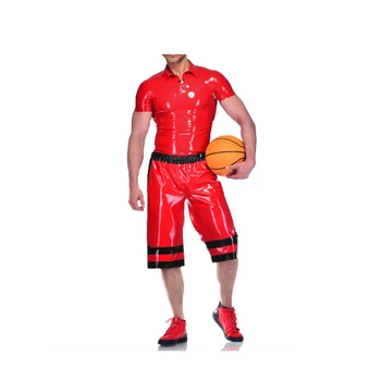 Латексова Униформи-Мъжки Черна Червена Къса Блуза, Топ и къси панталони със Средна Дължина Костюм 0,4 mm Размер XXS-XXL