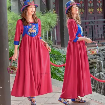 2022 китайското женско традиционното винтажное рокля hanfu с националната цветна бродерия, памучно семе и лененото рокля, елегантна рокля за народни танци