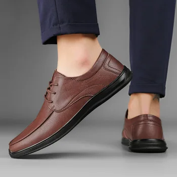 Мъжки официалната обувки Модел обувки дантела Oxfords от естествена кожа Модни Обувки в стил ретро Елегантна работна Обувки Бизнес модела мъжки обувки