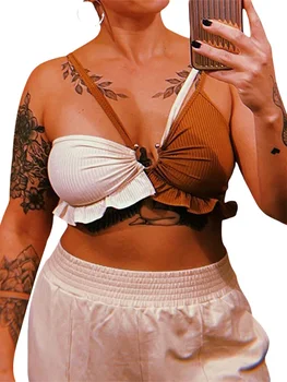 Женски секси Камизола Контрастен цвят на бретелях с шнур, оголяющий Корем, с отворен гръб, Тънък Еластичен Топ-тръба с гърди