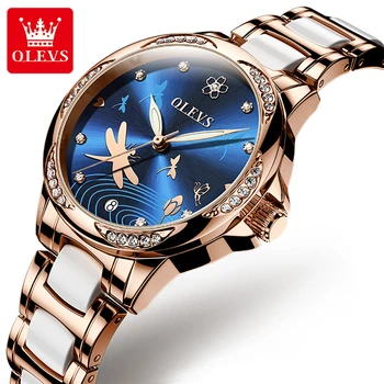 OLEVS Модни Луксозни Автоматични Часовници Дамски Diamond Дамски Сини Dail Керамични Водоустойчив Механични Часовници е От Неръждаема Стомана 6610