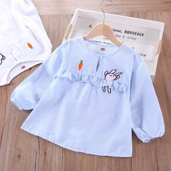 Тениска с дълъг ръкав за момичета, модни детски дрехи с изображение на Заек, Моркови, бяло-синята пролетно-есенен детски дрехи