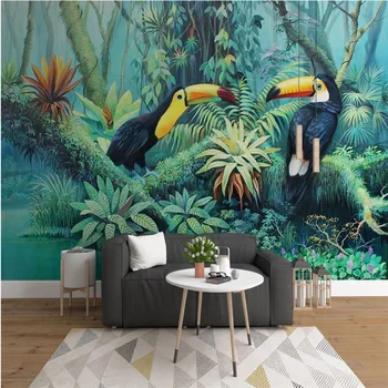 Средновековието Ръчно Рисувани Тропическата дъждовна Гора Растение Toucan 3D Стенни Тапети за Хола Спални 3D Тапети Домашен интериор