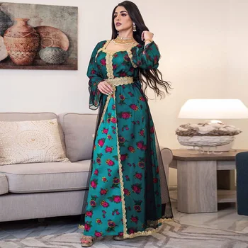 Близкият Изток Национален Костюм Печат Бродерия Гильбаб Мюсюлманската Женствена Рокля Арабска Мода Абайя Костюм Ислямското Благородна Рокля