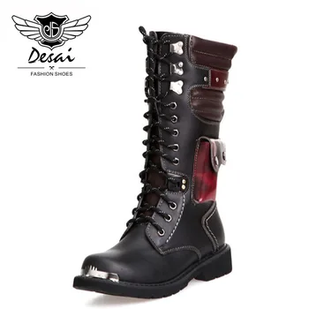 DESAI/Модни високи обувки, мъжки високи обувки с висок берцем, кожени военни ботуши в британския стил на дебела подметка, oxfords, големи размери 37-45