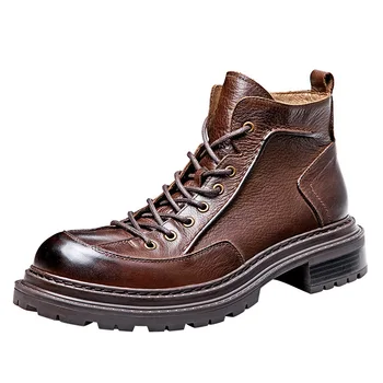Мъжки обувки от естествена кожа, Ботильоны Martin ръчна изработка, модел обувки с дантела, основни обувки на платформа, мъжки каубойски ботуши в западен стил, зимни