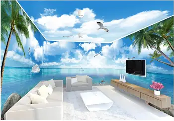 Потребителски снимки на 3d тапети Синьо небе и бял облак плаж кокосова палма пейзаж пълна къща фон стая тапети за стени d 3