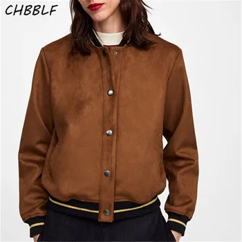 CHBBLF дамски реколта замшевая яке-бомбер с джобове, връхни дрехи с дълъг ръкав, обикновен дамски ежедневни блузи в консервативна стил XDN9345