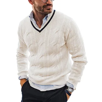 Есен/Зима 2022, нов пуловер, пуловер с V-образно деколте, Мъжки модерен оборудвана пуловер с дълъг ръкав, топло обикновен черен топ