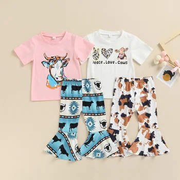 Lioraitiin/Летни Комплекти дрехи от 2 теми за момиченца от 1 до 6 години, тениска с Къс ръкав и кръгло деколте + Разкроена Панталони с принтом едър рогат добитък