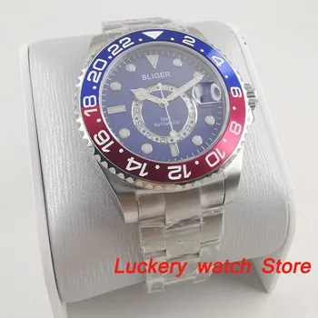 43 мм Син циферблат Bliger, бели етикети, индикатор GMT, синьо и червено Bezel, Сапфирен кристал Механизъм за самостоятелно ликвидация, Мъжки часовник-BA160