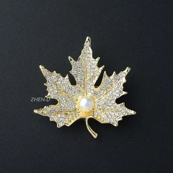 ZHEN-D Бижута Чист Златни Кленов Лист Брошка на Жени Сладководни Перли Crystal микро проправи Вечната Мода Игли Подарък