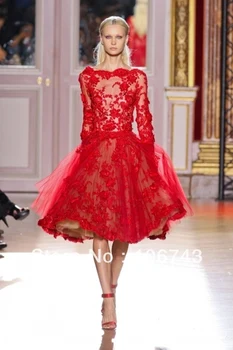 кратко выпускное рокля с дължина до коляното с дълъг Ръкав, червено дантелено вечерна рокля с кружевными апликации, вечерни рокли на Знаменитости трапецовидна форма
