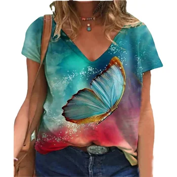 Дамски летни Модни тениски с Цветна тема, Дамски Ежедневни тениски с V-образно деколте и принтом Пеперуди, Тениски с Къс Ръкав и 3D-принтом на Дъгата