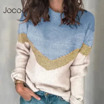 Jocoo Jolee Ежедневното За Образно Деколте Хит Цвят Мозайка Свободен Пуловер Елегантен Реколта Пуловери За Жени Плетене Скок Harajuku Големи Върхове Коригиращи