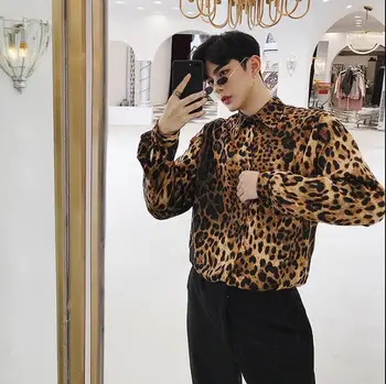 2021 Секси Леопардовая риза с дълги ръкави Tide Мъжки Фризьор Корейската Версия на Личността Модерна Риза Нощен клуб с Dj Облекло