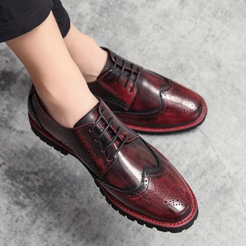 Обувки от естествена кожа с принтом в стил поп, мъжки вечерни модела обувки в британския джентльменском стил с перфорации тип 