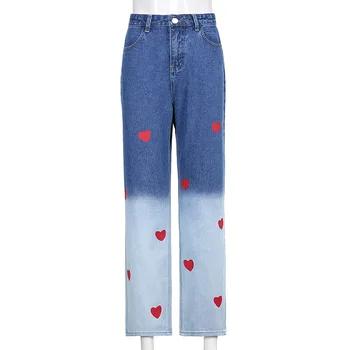 Измити прави панталони летни нови градиентные дънки с принтом във формата на сърце и любов с висока талия дамски