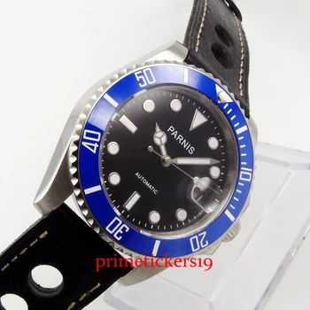 PARNIS 40 мм синьо bezel черен циферблат показва датата с лупа модерен кожена каишка мъжки часовник автоматично