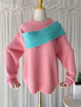 IHOBBY Женски Розов Пуловер Хит Цвят Презрамки Дебели Плетени Пуловери Средна дължина на Пролетна Мода