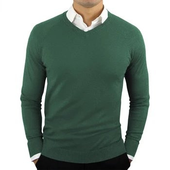 Зелен Мъжки Пуловер С V Образно Деколте, Нова Оборудвана Обикновен Лек Вязаный Пуловер, Пуловери, Мъжки Дишащи Меки Пуловери, Homme