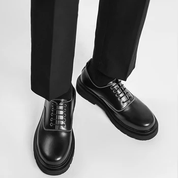 Мъжки Обувки Дерби от естествена Кожа, мъжки обувки на равна платформа с Квадратни пръсти, Дантела, бизнес модела Обувки, Официалната Сватбени Обувки