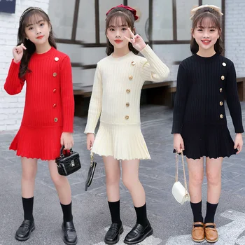 Рокля-пуловер за момичета, Новост 2021 г., есенно-зимно детско основно трикотажное рокля със средна дължина, Модни детски дрехи копчета