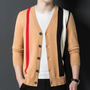 Висококачествена новата есенна модна марка вязаная мъжки дрехи, Мъжки вязаный жилетка, пуловер с цветен блок, V-образно деколте, жилетка, яке, за мъже