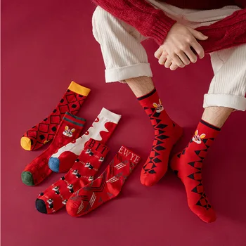 Модерни Червени Чорапи Мъжки Цветни Памучни Чорапи С Принтом Мъжки Щастливи Коледни Дълги Чорапи С Високо Качество Calcetines Медии