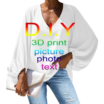 UJWI 3D Ежедневни Свободна Риза с дълги ръкави На Поръчка, Върхове, Сексуална Риза в стил Ретро С V-образно деколте, Риза Голям Размер С Изгорени Ръкави, на Едро, Директен Доставка