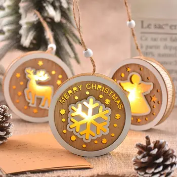 Весела Коледа Led Лампа Коледна Елха Елен Окачен Медальон С Увреждания Снежинка Дървени Украшения На Коледно Парти Коледната Украса 2023