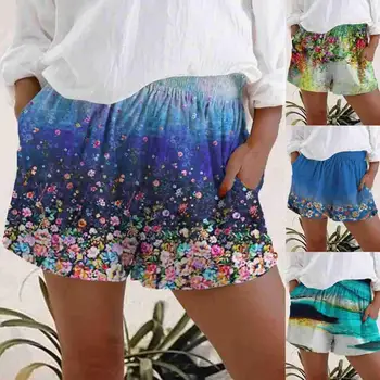 Нови Дамски Ежедневни Панталони с Цветен Модел, Летни Плажни Свободни Шорти с Принтом и Джоб U2D8