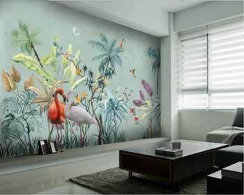 Тапети по поръчка ръчно рисувани тропическата дъждовна гора цветя и птици фон стенни живопис-водоустойчив материал