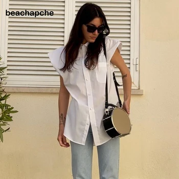 Плажни летни Потници и Блузи без ръкави с един джоб, Дълга Бяла Риза 2021, Модни Дамски Ризи с копчета с подплечником