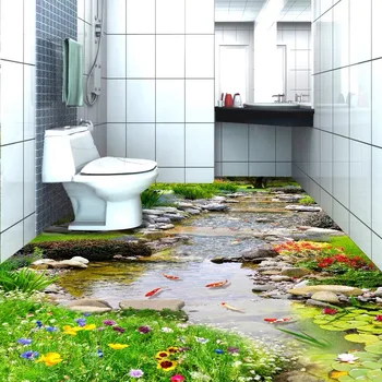Големи Обичай PVC Самозалепващи Снимка, Природа, Тапети Река Цвете Риба 3d Подови Стенни Стикер за Тоалетна баня с Тоалетна На Открито