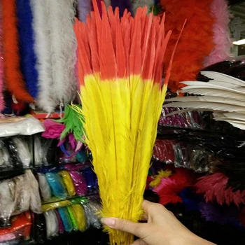 Продажба на едро 100ШТ 30-35 см, Оцветени в два цвята Кольчатый Опашката на Фазан Перо От Естествени Истински Пилешки Пера За Сватбени Карнавални Партита