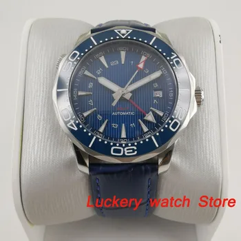 41 мм без лого Луксозен часовник със син циферблат, Светящимся сапфирено стъкло; Кожена каишка GMT Автоматично мъжки Механичен часовник-BA190