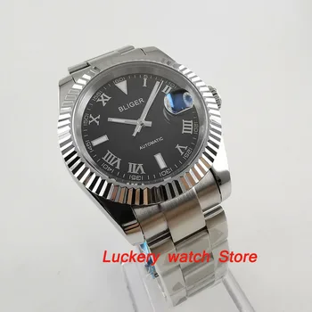 40 мм черен циферблат bliger с светящимся сапфирено стъкло; Мъжки часовник с автоматичен механизъм-BA46