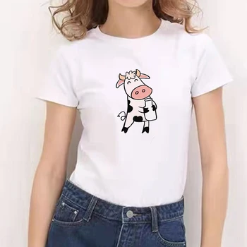 Сладка Тениска с изображение на Крава, на Женската риза, дамски тениски в стил харадзюку с къс ръкав и кръгло деколте, Риза Ullzang, градинска тениска, Мода на 90-те