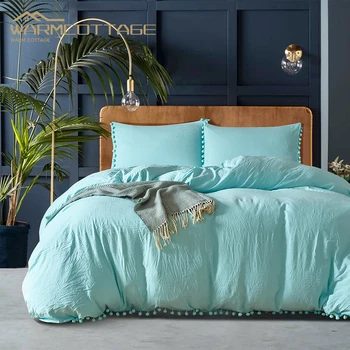 Комплект пододеяльника от три теми на младежкия двойно легло в европейски стил обикновен однотонного цвят с шариковыми ръчно изработени висулки