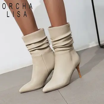 ORCHA LISA/2020 г. Нагънат Ботильоны на кратък токчета за Дамски Зимни обувки офис дамски обувки на висок ток 8 см botas botte femme черен, бежов